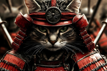 A fierce feline warrior dressed in traditional samurai armor, standing confidently in a battle-ready stance amidst a backdrop of blurred warriors