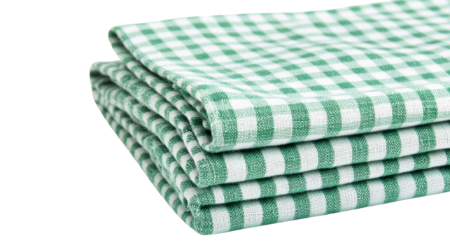 Stack of green checkered napkins on black background, cut out transparent