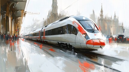 Fototapeta premium Close-Up of a Modern Train in Motion at a Busy Station with Vibrant Abstract Sketch Style