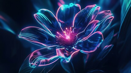 A futuristic neon blue and purple glowing flower with radiant petals in an otherworldly atmosphere, detailed digital illustration showcasing vibrant color gradients and realistic lighting effects