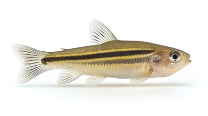 Obraz premium Close-up of a zebra danio fish showing its distinctive horizontal stripes and translucent fins.