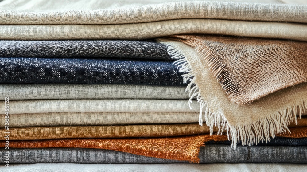Poster stacked natural textiles various weaves and earthy hues showing unique fabrics folded together with 