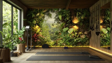Serene Jungle Inspired Gym Ambiance with Natural Greenery and Fitness Equipment for Tranquil Workout