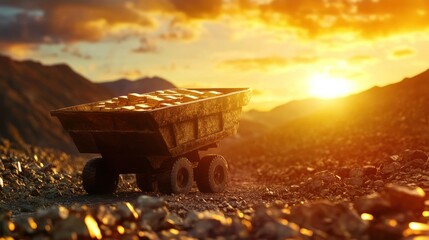 Mining truck loaded with ore at sunset in a mountain quarry.