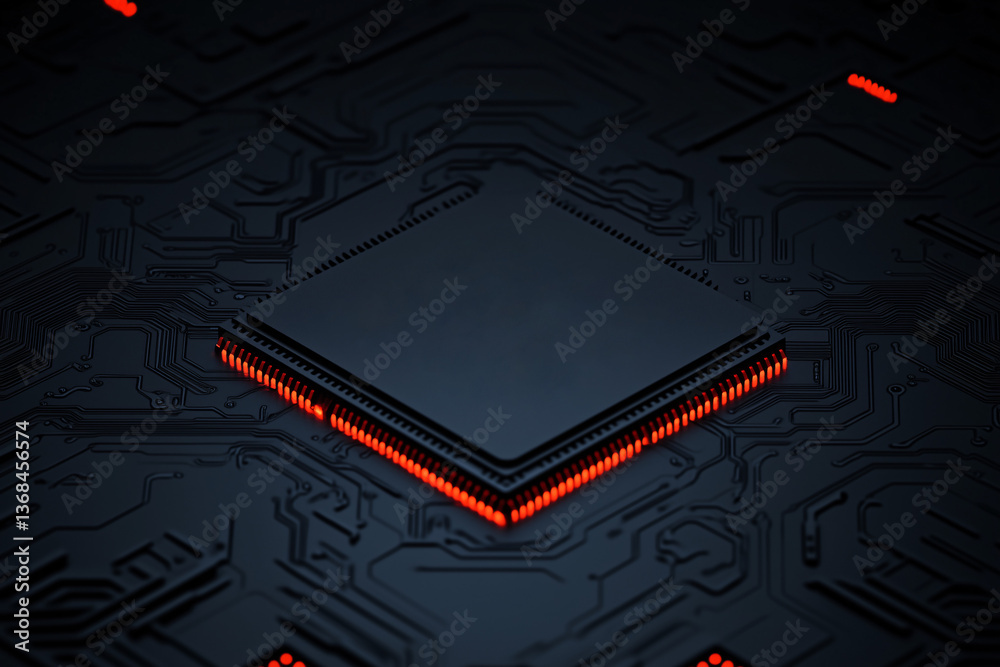 Poster cybernetic core: a futuristic depiction of a computer chip's intricate circuitry, pulsing with the e