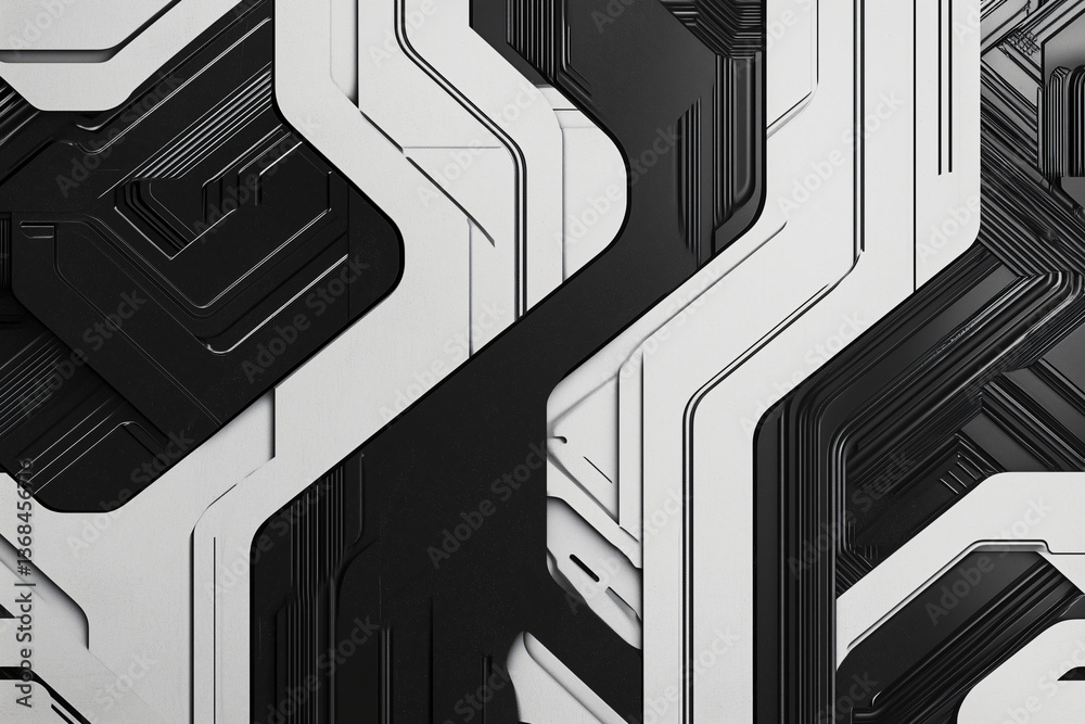 Poster circuit board abstraction: an abstract view of a circuit board, where black and white pathways inter