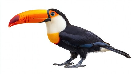 Fototapeta premium Colorful toucan with a vibrant beak, showcasing its striking colors against a plain white background.