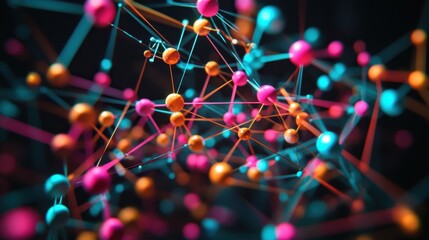 Abstract close-up of a vibrant network structure featu interconnected nodes in pink, orange, and teal colors set against a dark background backdrop