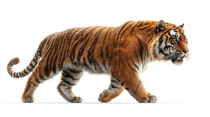 Naklejka premium Majestic tiger walking gracefully on a white background.
