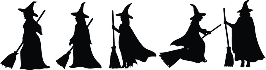 Silhouettes of witches, magical figures in pointy hats, flowing robes and cloaks, broom-wielding sorceresses, mystical poses, black and white contrast, Halloween imagery, spooky outlines