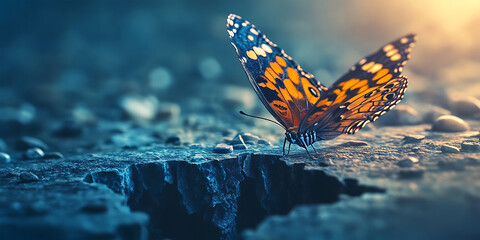 Obraz premium Butterfly Emerging from a Crack in Reality Background for Conceptual Surreal Art, Fantasy Portal Designs, or Mind-Bending Illustrations