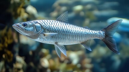 Fototapeta premium Silver fish swims gracefully in a vibrant underwater habitat.