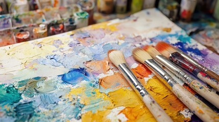 Obraz premium Artistic workspace featuring paint brushes and a palette adorned with vibrant color palette in soft studio light