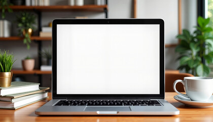 Fototapeta premium Blank Laptop Mockup on Wooden Desk with Coffee and Books 