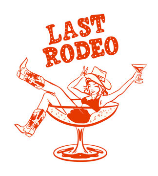 Whimsical Cowgirl in Martini drink glass, Hand drawn Last rodeo Bachelorette girl illustration, Hen party rodeo girl in cocktail glass doodle illustration for invites, stationery and web icons