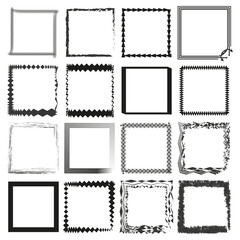 Decorative square frames. Various bold patterns. Black and white vector. Classic artistic shapes.