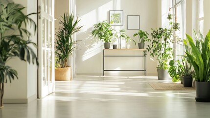 Serene Sunlit Interior Design Featuring Greenery and Natural Light Creating a Fresh and Inviting Atmosphere