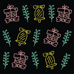 Seamless pattern holidays theme gift boxes and ring bells hand drawn icon texture