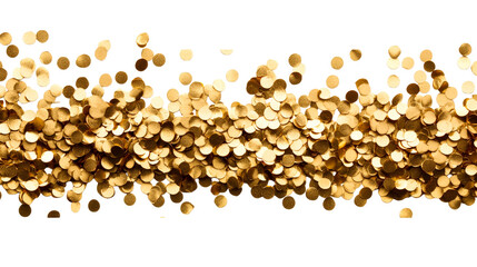 Gold confetti scattered, shiny golden metallic sequins party, cut out transparent