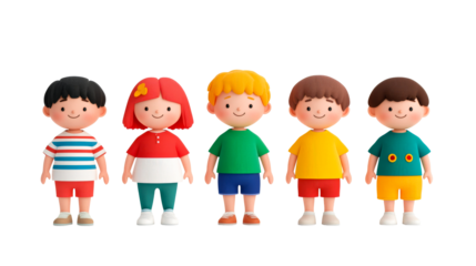 Diverse group of children in colorful cartoon style, cut out transparent