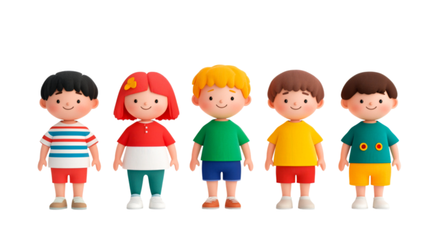 Diverse group of children in colorful cartoon style, cut out transparent