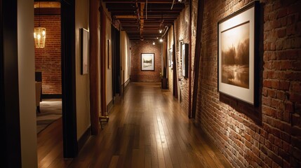 Interior Corridor with Rustic Brick Walls Elegant Artwork and Warm Wooden Flooring Modern Gallery Showcase