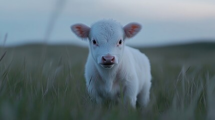 Obraz premium A fluffy white calf in a grassy field at dusk