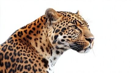 Obraz premium Majestic leopard gazing intently against a stark white backdrop.