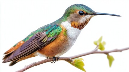 Fototapeta premium Vibrant hummingbird perched on a branch, showcasing its iridescent plumage against a soft, blurred background.