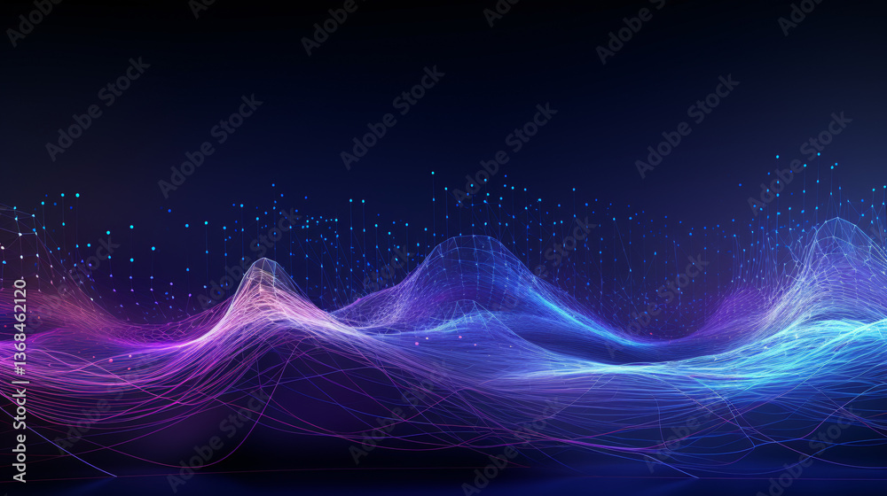 Poster a tech wallpaper featuring particles indicating data flow, with a blue background and purple wave cu
