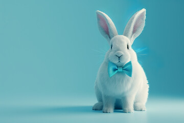 Obraz premium White bunny with blue bow on light teal background