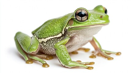 Obraz premium Close-up of a vibrant green frog with intricate details on a white background.