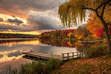 Fototapeta premium Scenic autumn lake with wooden docks, colorful fall foliage, and a dramatic sunset sky 