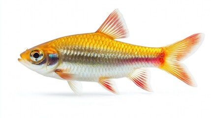 Fototapeta premium Vibrant orange and silver fish with striking red fins in a side profile view.
