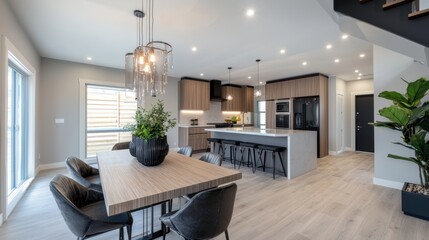Fototapeta premium Bright contemporary home interior showcasing open dining and kitchen area with island lighting and stylish design