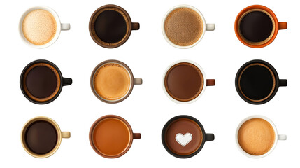 Obraz premium Set of coffee cups with different types of coffee, cut out transparent