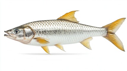 Fototapeta premium Close-up of a shiny silver and gold fish with detailed scales and fins against a white background.