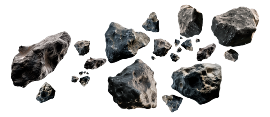 Dark Space Floating Asteroids Collection with Rough Textured Surface and Irregular Shapes in Galaxy Orbit Isolated on Transparent and White Background