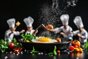 Elecciones culinarias en una cocina profesional con un huevo frito y chefs en acción