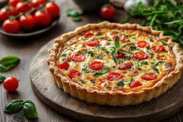 Quiche with tomatoes and basil on a rustic wooden board.