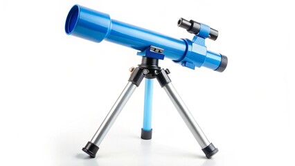 Blue toy telescope on a tripod, single object isolated on white background. Stargazing, space observation science instruments, tools for young kids, children, astronomy hobby conceptual symbol, nobody