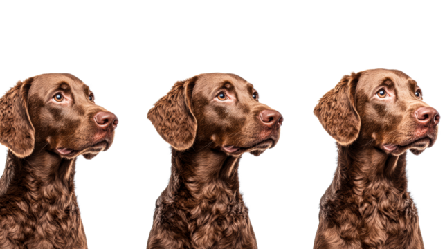 Curly-coated retriever poses, brown dog heads, studio shot, cut out transparent