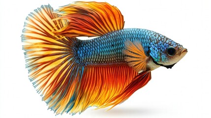 Fototapeta premium Vibrant betta fish with striking orange and blue scales showcasing flowing fins.