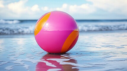 Obraz premium Vibrant beach ball resting on a serene sandy shore during a sunny day at the beach.