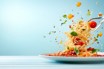 Espagueti en un plato con salsa de tomate y ingredientes frescos en un fondo azul claro