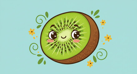 A cheerful kiwi fruit slice with big eyes and a sweet smile, surrounded by whimsical flowers and swirls on a soft blue background.
