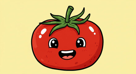 A cheerful cartoon tomato beams with delight, radiating summer joy and playful charm against a warm, pastel background.