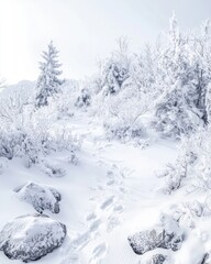 Exploring the Enigmatic Beauty of a Snowy Landscape with Trees and Rocks Amidst Winter Whispers of the Weather