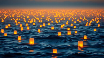 Obraz premium A tranquil twilight ocean filled with glowing lanterns drifting on gentle waves. The warm golden lights contrast beautifully with the deep blue water, Created with generative AI.