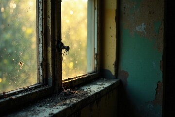 Dusty Windowpane in an Abandoned Structure, Sunlight Illuminating Particles of Dust and Decay